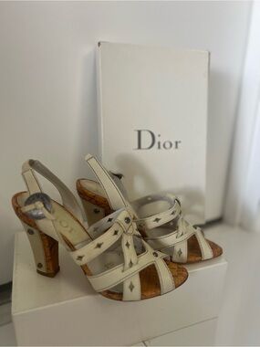 Dior Cream Leather Cork-Trim Slingback Heels